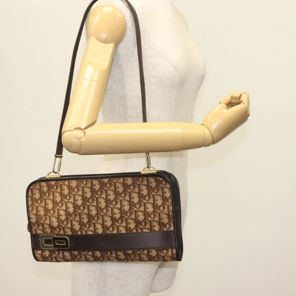 Christian Dior Trotter Canvas Shoulder Bag Brown Gold Auth Ep10263